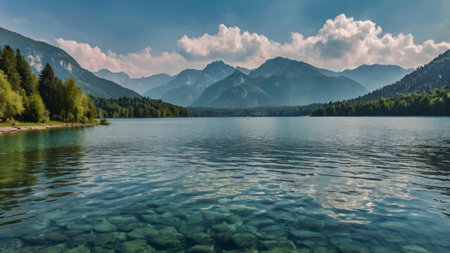 Mountain lake and blue sky with clouds. Beautiful nature landscape.