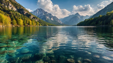 Panoramic view of the alpine lake Obersee in Bavaria, Germany