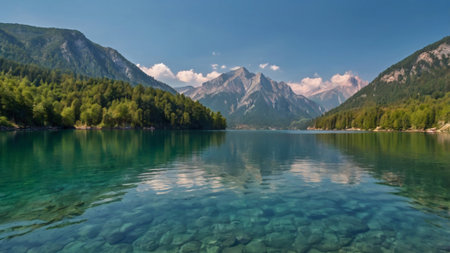 panoramic view of alpine lake and mountains in the background