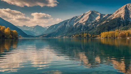 Panoramic view of the lake and mountains in autumn, Austriaの写真素材