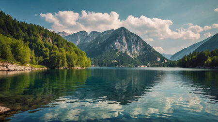 Panoramic view of Hallstatt lake in Austrian Alps.の写真素材