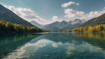 Panoramic view of the alpine lake in autumn, Austriaの写真素材