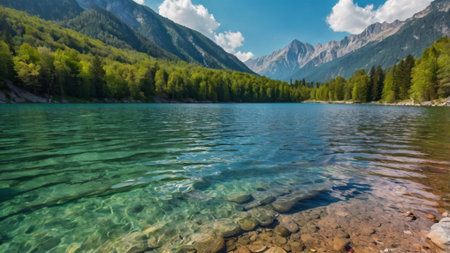 Panoramic view of alpine lake with clear water and mountains in background