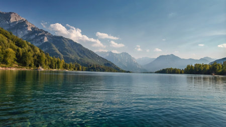 Panoramic view of the alpine lake and mountains in the backgroundの写真素材