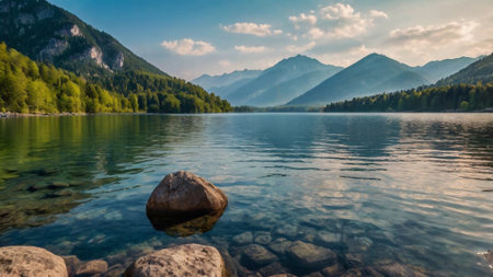 Panoramic view of alpine lake Brienzersee, Berchtesgadener Land, Bavaria, Germany