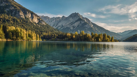 Panoramic view of alpine lake in autumn, Bavaria, Germanyの写真素材