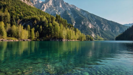 Panoramic view of turquoise alpine lake with mountains in background