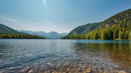 Summer landscape with mountain lake and forest. Panorama of a mountain lake.