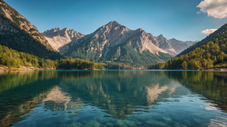 panoramic view of alpine lake and mountain peaks reflected in waterの写真素材