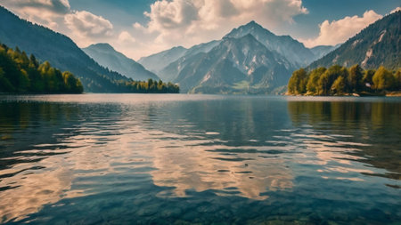 Panoramic view of alpine lake and mountains reflected in water