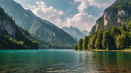 Panoramic view of beautiful alpine lake and mountains on backgroundの写真素材