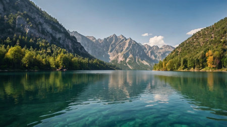panoramic view of beautiful alpine lake with crystal clear water