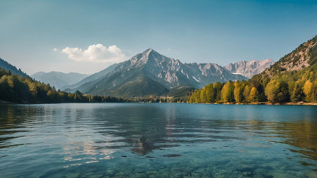 Panorama of the lake in the mountains and blue sky with clouds