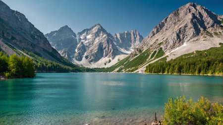 Panoramic view of turquoise mountain lake in the mountains