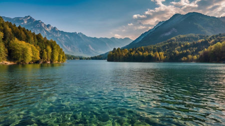 Panoramic view of beautiful alpine lake in Austria