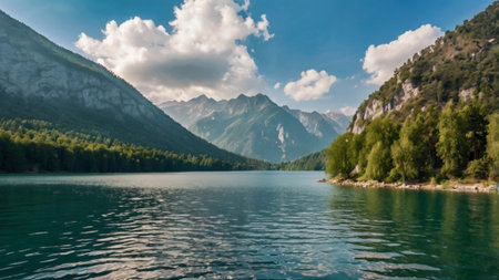 panoramic view of alpine lake and mountain peaks in background