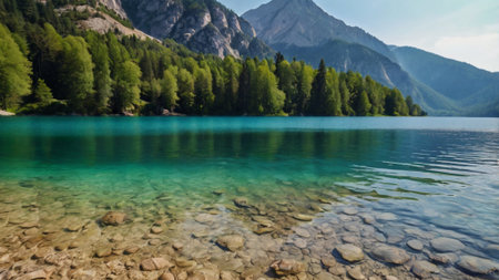 Beautiful mountain lake with clear water and mountains in the background.