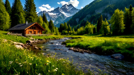 panoramic view of alpine meadow with small wooden houseの写真素材