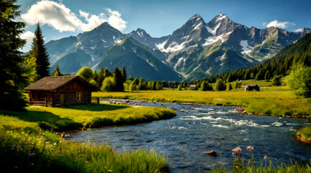 Panoramic view of a small alpine river in the Swiss Alpsの写真素材
