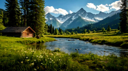 panoramic view of alpine landscape with river and old wooden houseの写真素材