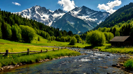 Mountain landscape with a mountain river in the foreground, Switzerland.