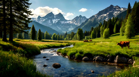 Beautiful mountain landscape with a river and cows in the foreground.の写真素材