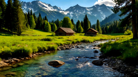 Panoramic view of alpine landscape with mountain river and wooden house