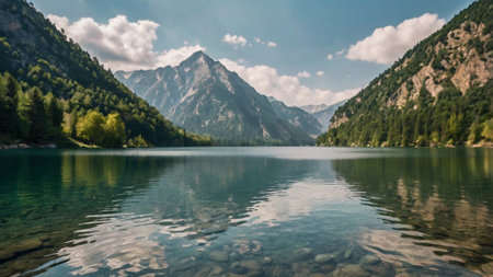 Panoramic view of alpine lake with reflection of mountains in waterの写真素材