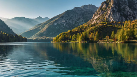 Panoramic view of beautiful alpine lake with crystal clear water