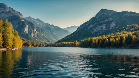 panoramic view of alpine lake in autumn, Bavaria, Germany