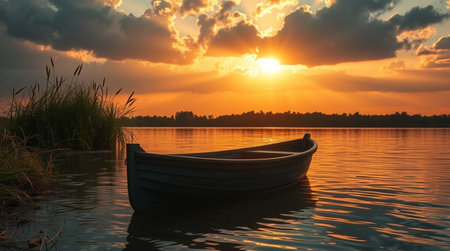 Boat on the lake at sunset. Beautiful nature landscape background.