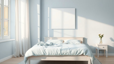 Modern bedroom with white walls, wooden floor, comfortable king size bed and white mock up poster....
