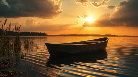 Boat on the lake at sunset. Beautiful summer landscape with sunset