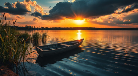 Fishing boat on the lake at sunset. Beautiful summer landscape.