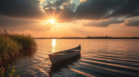 Sunset over the lake with boat and reeds in the foregroundの写真素材