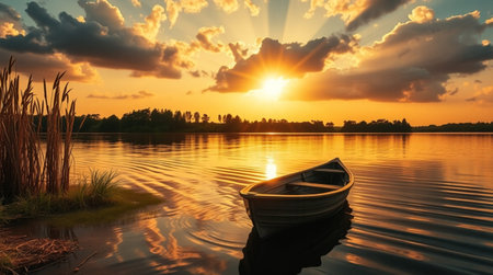 Fishing boat on the lake at sunset. Beautiful nature background.の写真素材