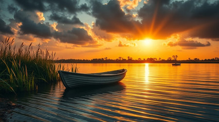 Boat on the lake at sunset. Landscape with a boat