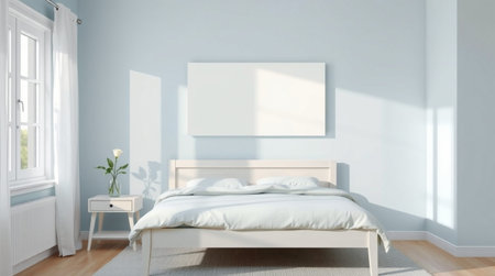 Interior of modern bedroom with empty poster on the wall, 3d render