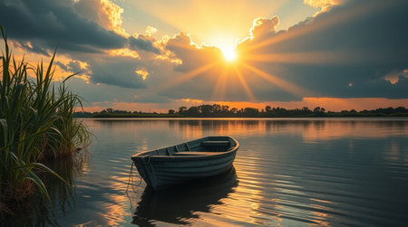 Sunset on the lake in the summer with a boat and grassの写真素材