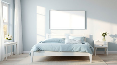 Modern bedroom interior with double bed and blank poster. 3D Rendering