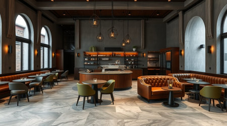 3d rendering interior of a restaurant with leather seats and tables.の写真素材