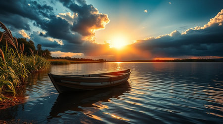 Beautiful sunset on the lake with a boat. Nature composition.