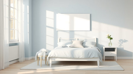 minimalist bedroom with white walls, wooden floor and large window. 3d rendering mock up