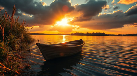 Fishing boat on the lake at sunset. Beautiful nature landscape.の写真素材