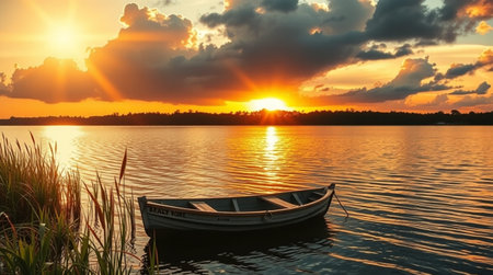 Fishing boat on the lake at sunset. Beautiful summer landscape.