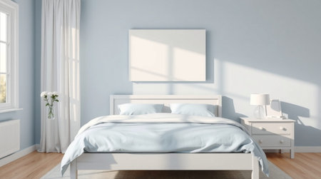 3d rendering of a bedroom interior with a blank poster on the wallの写真素材