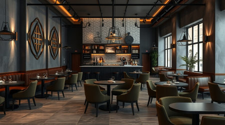 3d rendering of a modern restaurant interior design with bar counter and chairsの写真素材