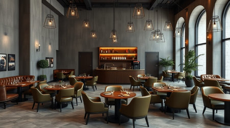 Interior of a restaurant with tables and chairs. 3d renderingの写真素材