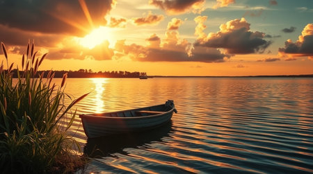 Fishing boat on the lake at sunset. Beautiful summer landscape.の写真素材