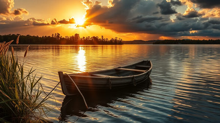 Fishing boat on the lake at sunset. Beautiful summer landscape.